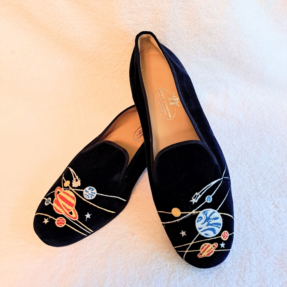 STUBBS & WOOTTON Navy Blue Velvet PLANETS Smoking Slippers Loafers - 9